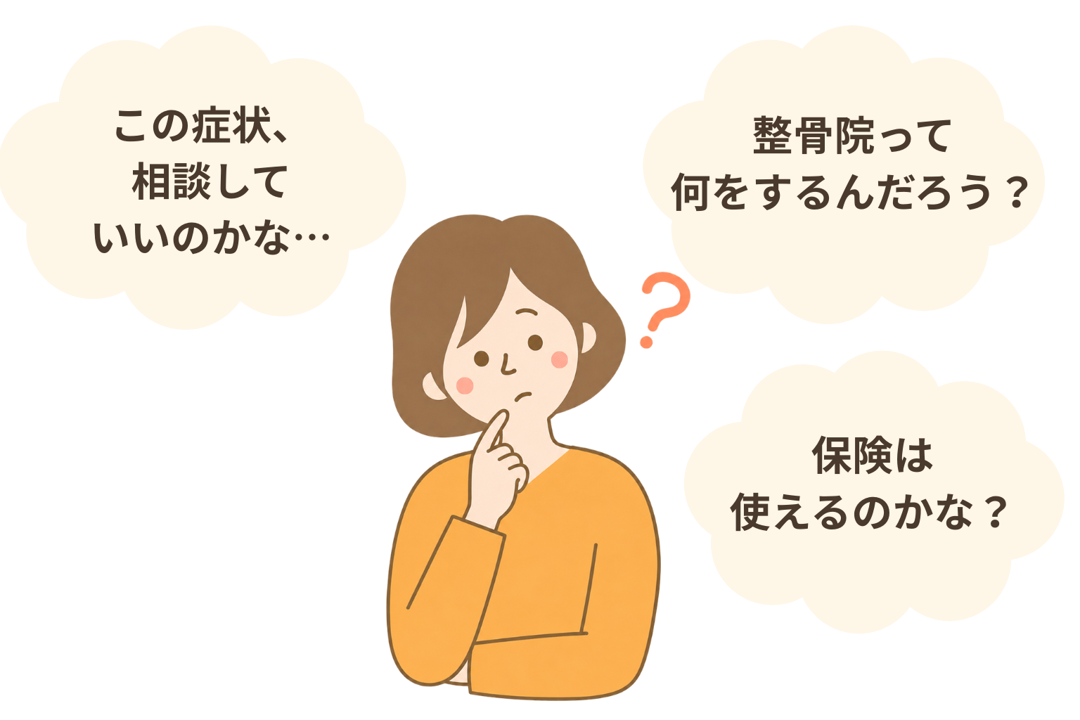 整骨院が初めての方の不安（この症状は相談していいのか、何をするのか、保険は使えるのか）を表したイラスト